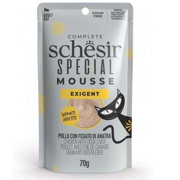 Schesir Exigent Tavuk ile Ördek Karaciğeri Tam ve Dengeli Yetişkin Kedi Maması Pouch 70g