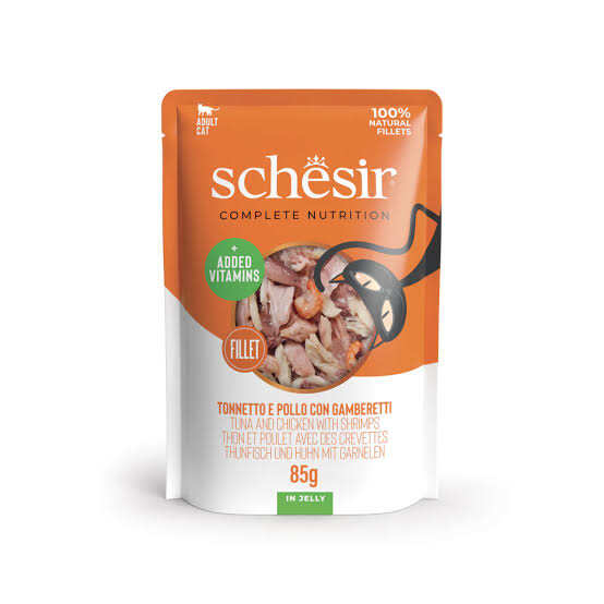 Schesir Tam ve Dengeli Ton Balığı ve Tavuk ile Karidesli Jöle İçinde Kedi Pouch 85g