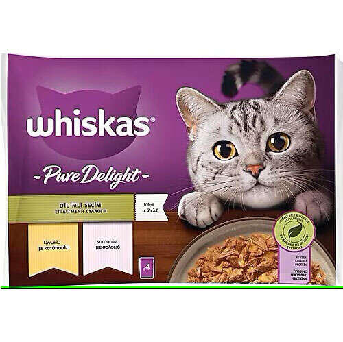 Whiskas Pouch Pure Delight Jöle İçinde Tavuklu ve Somonlu Yetişkin Kedi Konservesi 85gr (4'lü) - 1